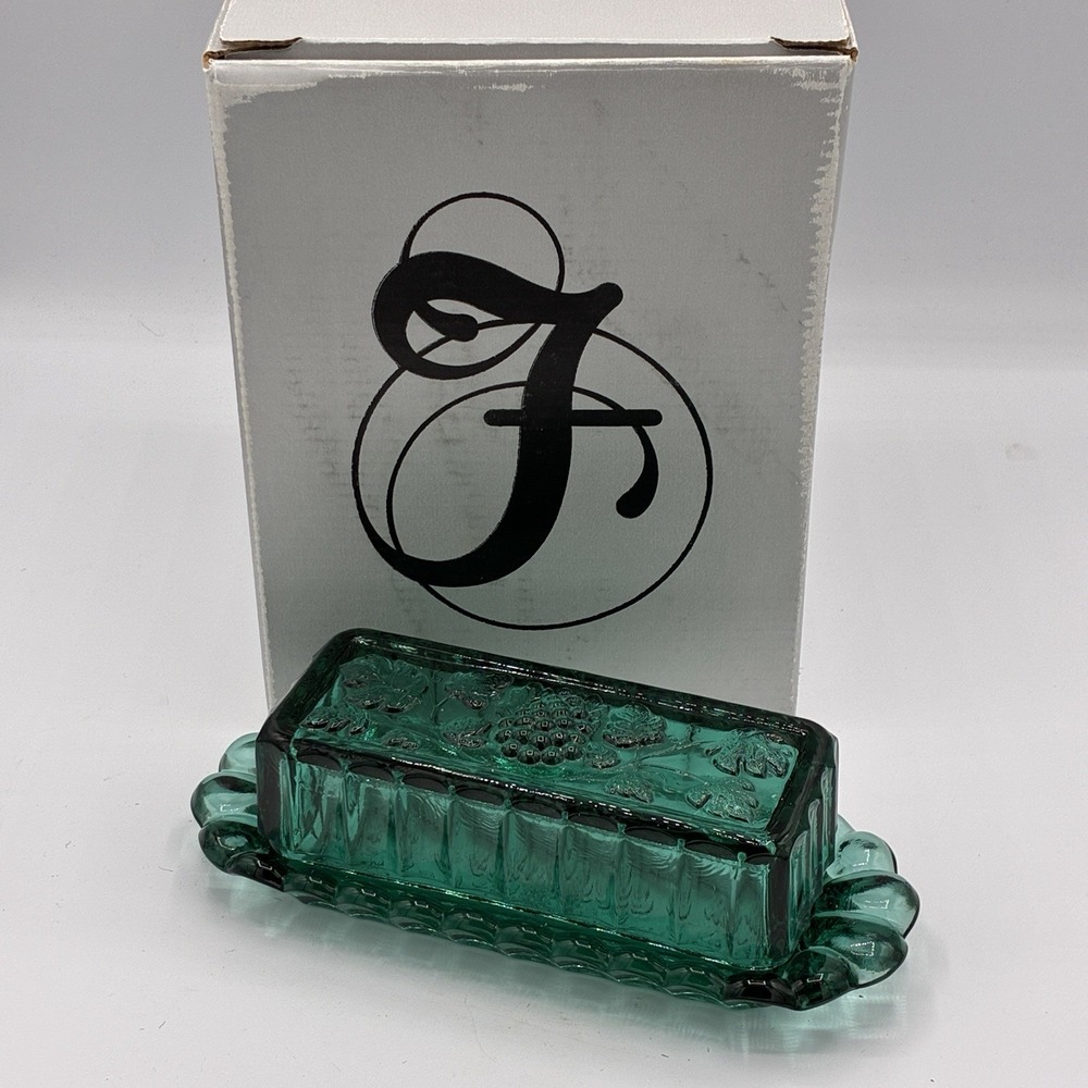 Fenton "Panelled Grape" Spruce Green Covered Butter Dish, with original box